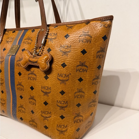 MCM Handbags - MCM Tan Tote with Blue Stripes